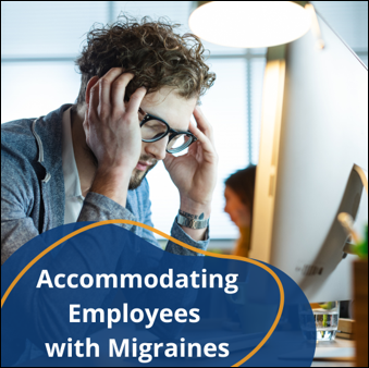 Accommodating Employees with Migraines. Individual sitting in an office setting holding his head in pain.  